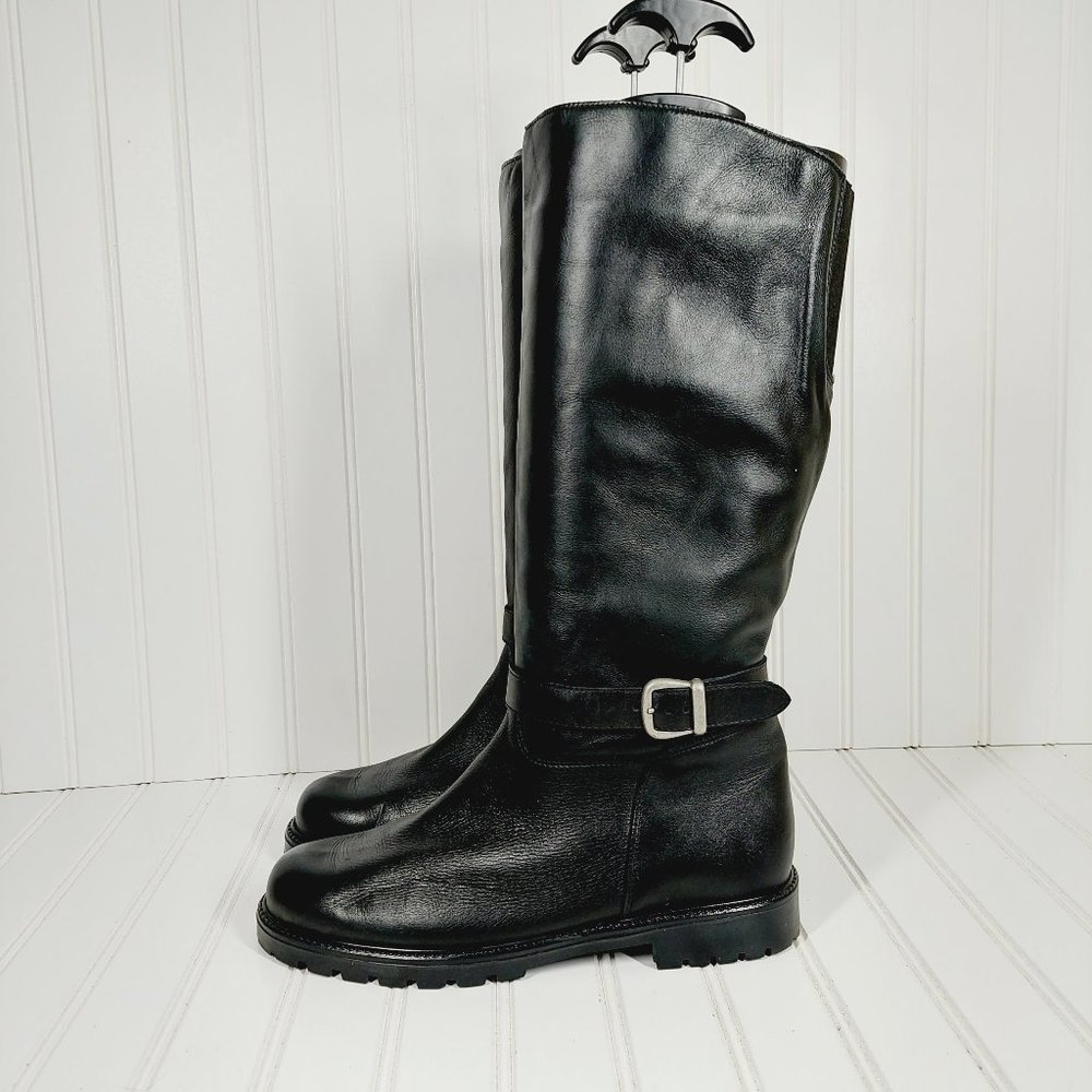 La Cannadiene Leather Buckle Round Toe Knee High Pull On Narrow Boots A638